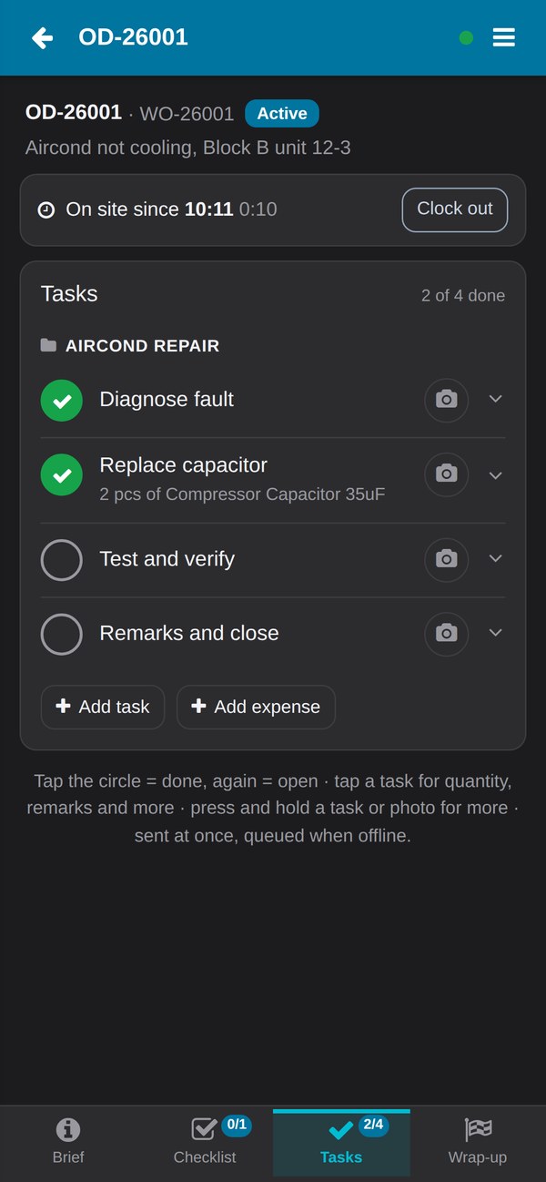 Service Field app in dark mode: a job checklist with two of four tasks done
